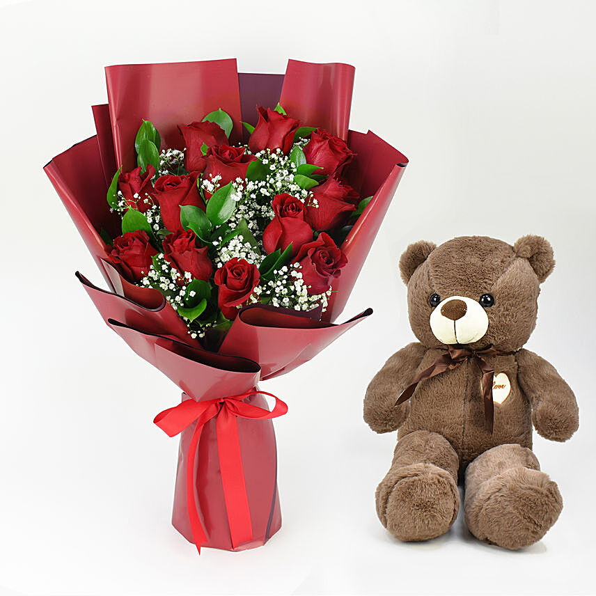 12 Red Roses n Teddy Love: Rose Day Flowers and Teddy Bears