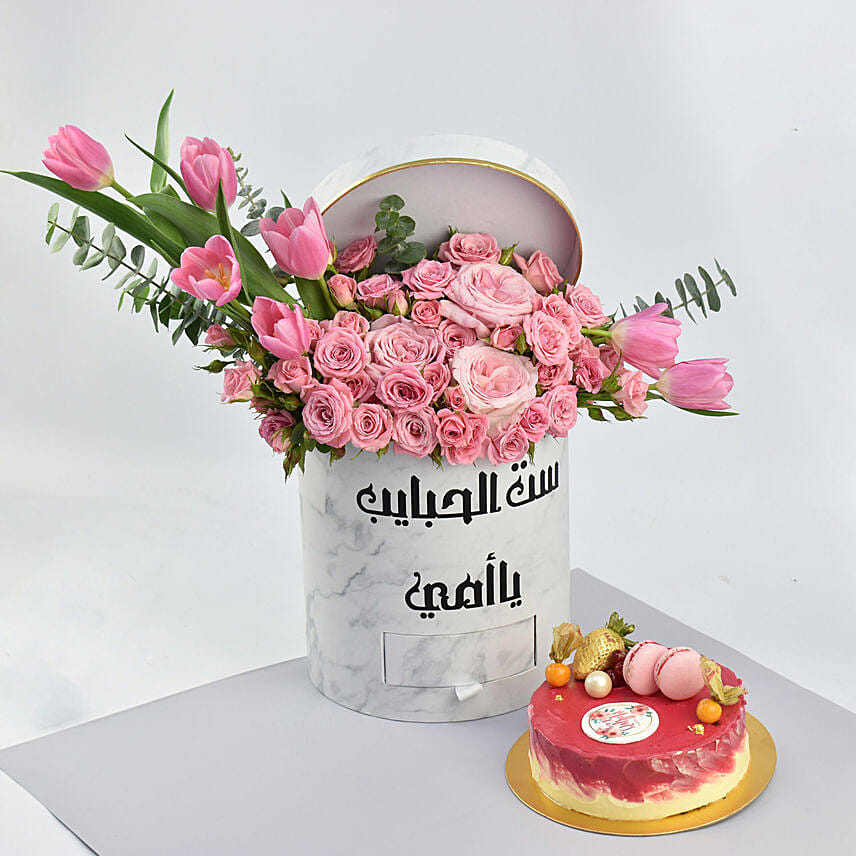 Love Mom Flower With Cake: Mothers Day Flowers & Cakes