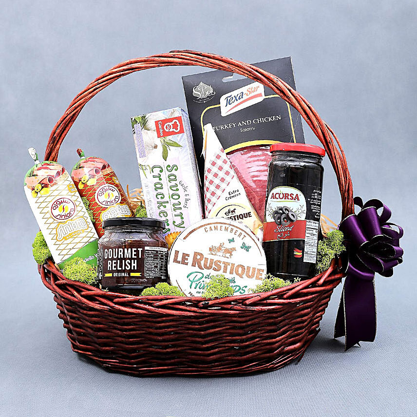 Cheese Salami and Condiments Basket: Gift Hampers 