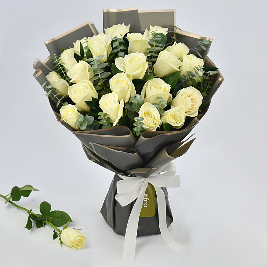 Serene 20 White Roses Bouquet: Funeral Flowers to Abu Dhabi
