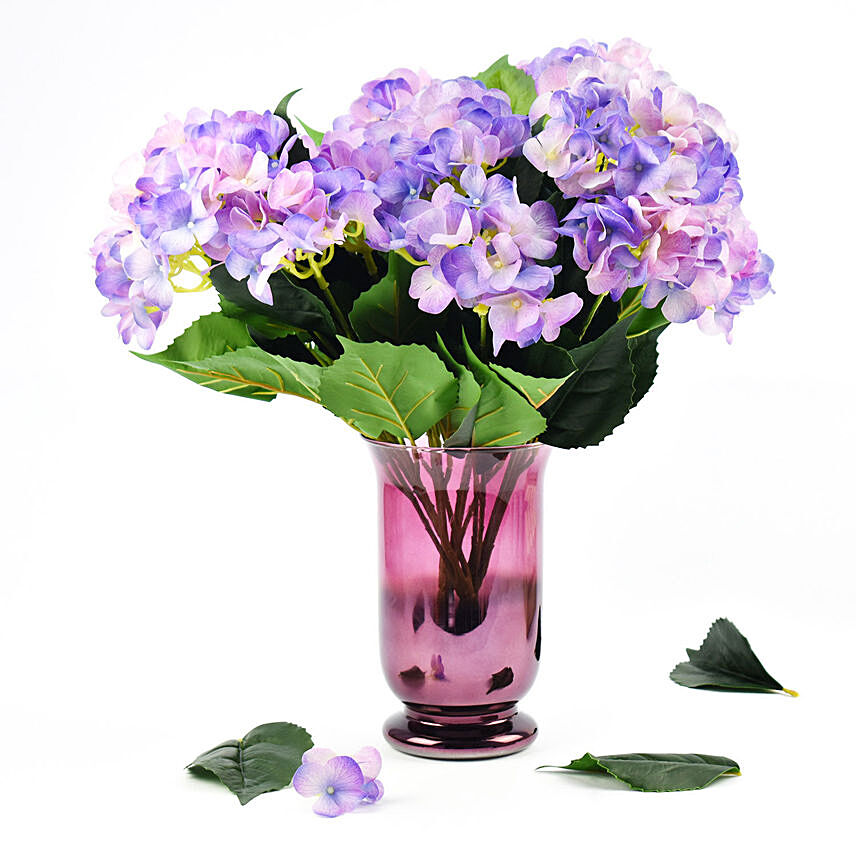 Dual Blue Artificial Hydrangea in Premium Vase: Artificial Flowers 