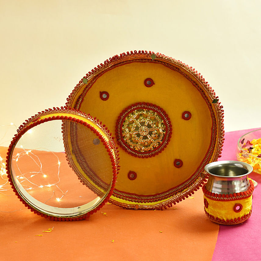 Orange With Red Karwachauth Thali: Karwa Chauth Gifts