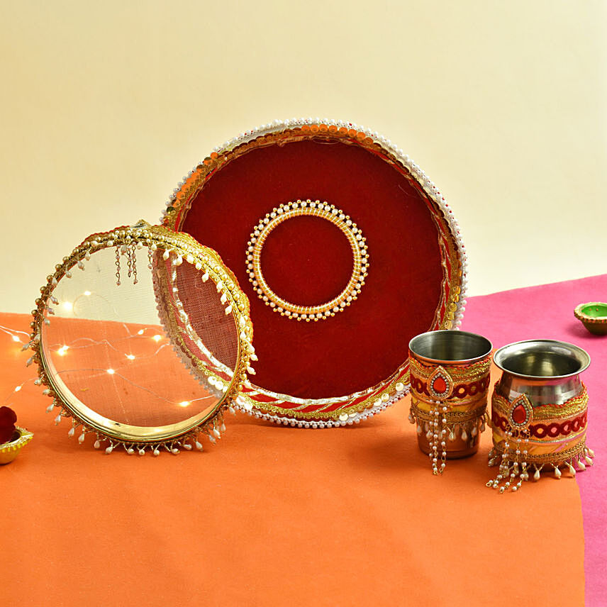 Designer Karwa Chauth Pooja Thali Set: Karwa Chauth Gift for Wife