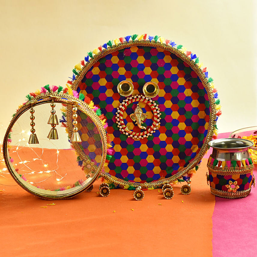 Multicolor Karwachauth Thali: Karwa Chauth Gift for Wife