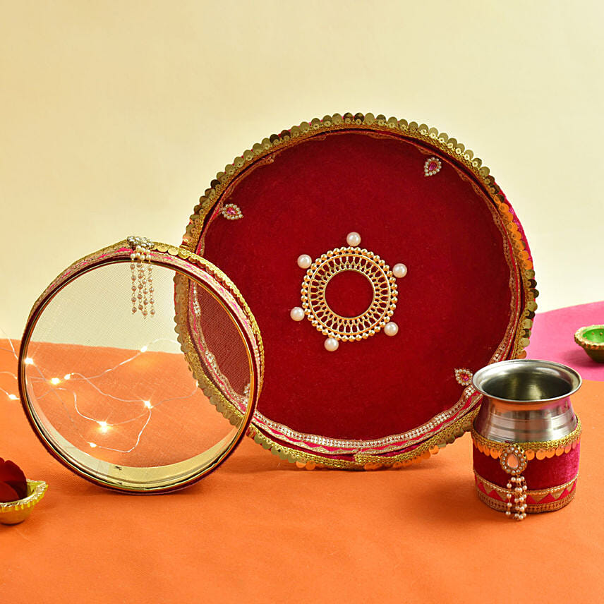 Beautiful Maroon Karwa Chauth Pooja Thali Set: Karwa Chauth Gifts