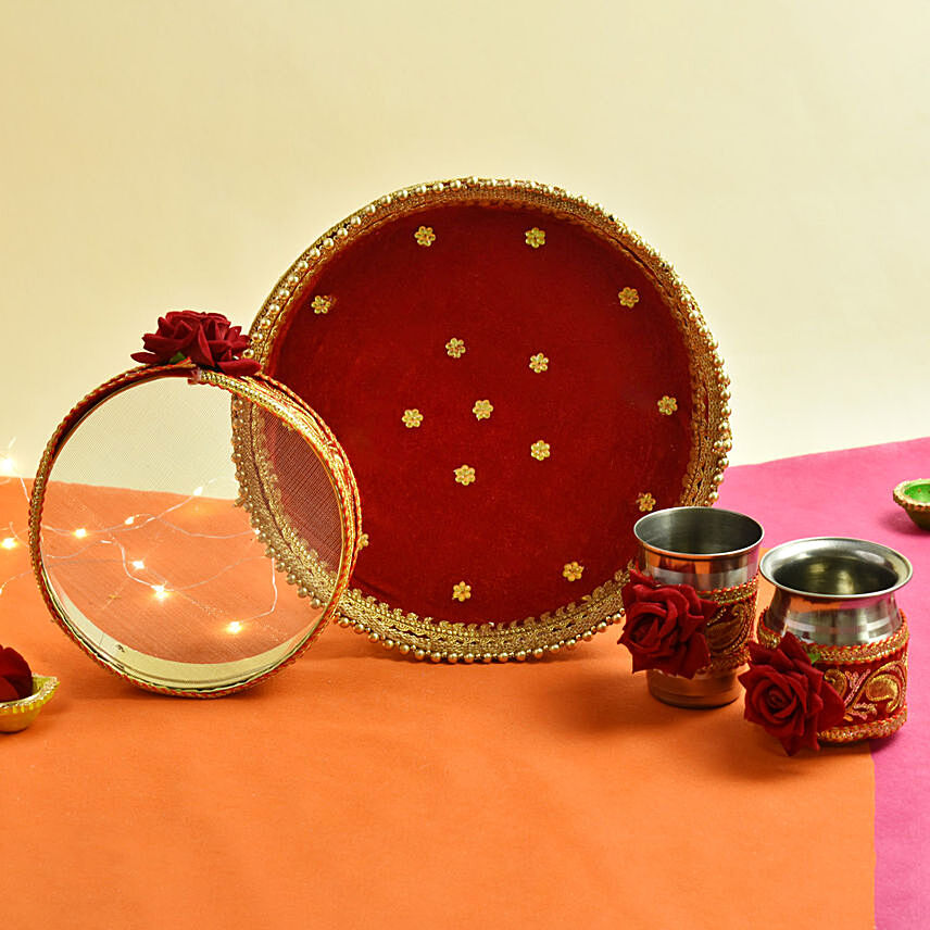 Red With Gold Karwachauth Thali: Karwa Chauth Gifts