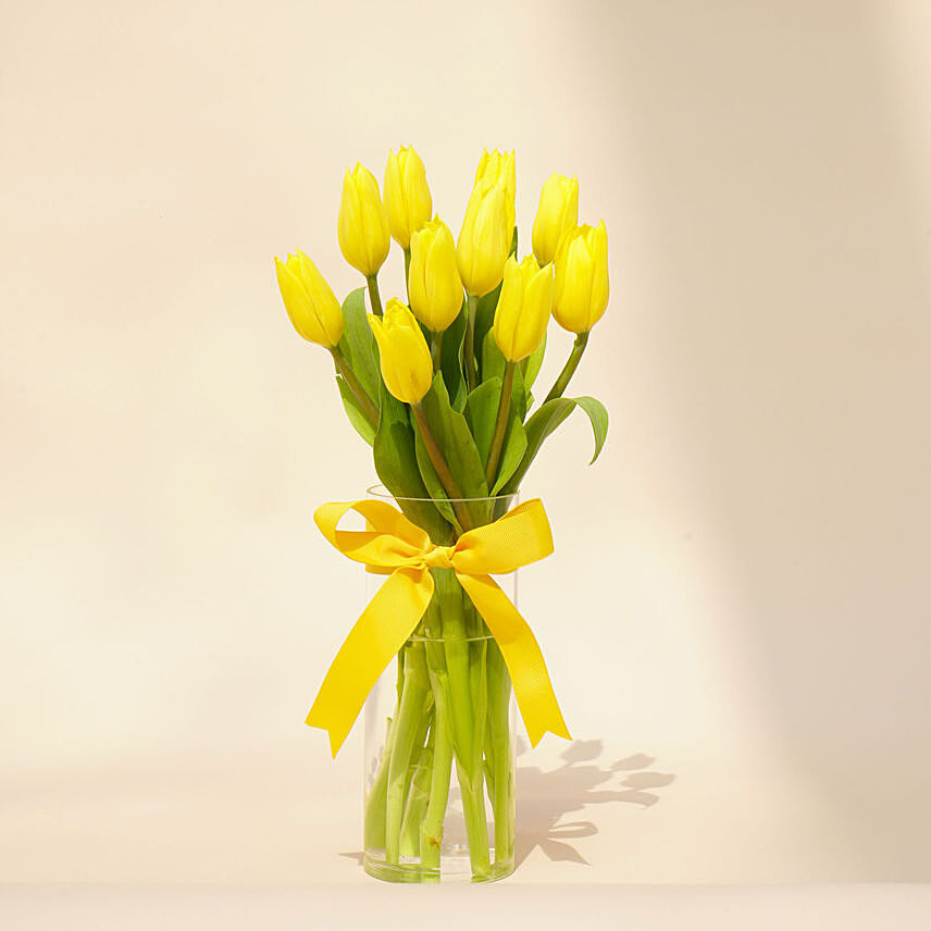 Serene Yellow Tulips Glass Vase: One Hour Delivery Flowers