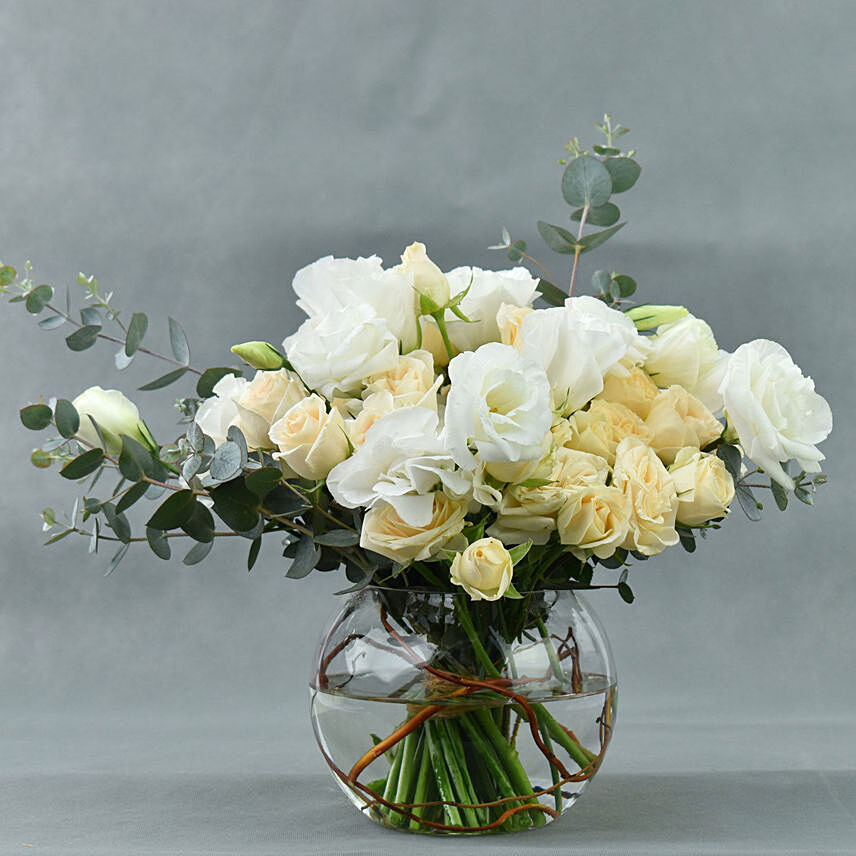 Spray Roses with White Lisianthus in Fish Bowl: Funeral Flowers to Dubai