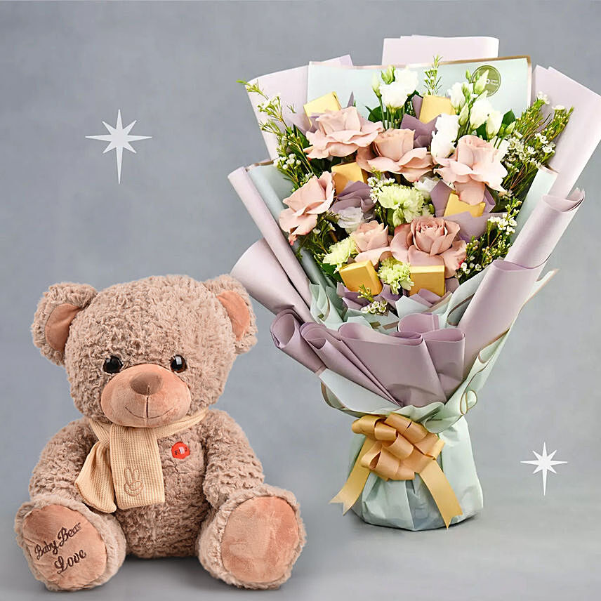 Mesmerising Flowers and Chocolates Bouquet with Teddy bear: Flowers & Teddy Bears for Teddy Day