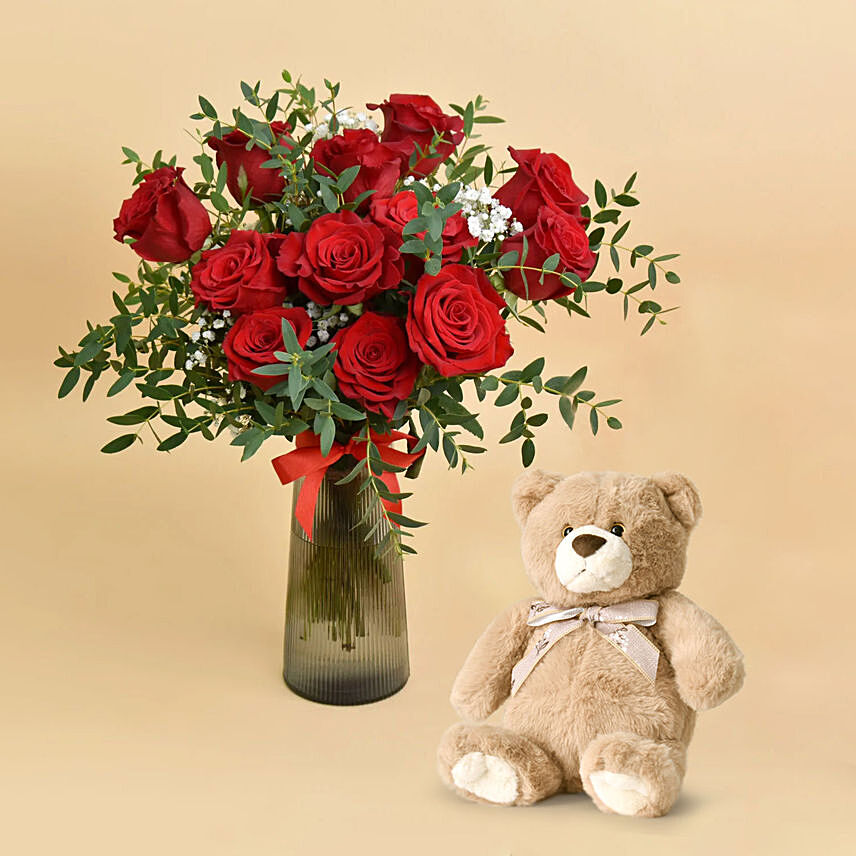 12 Red Roses in Premium Vase And Teddy: Rose Day Flowers & Teddy Bears