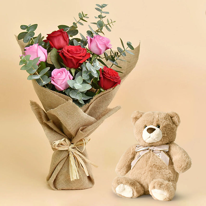 3 Pink 3 Red Roses Valentines Bouquet And Teddy: Rose Day Flowers and Teddy Bears
