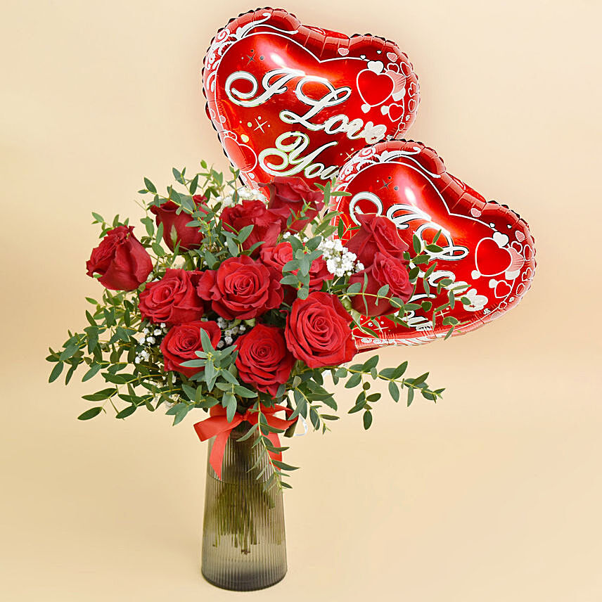 12 Red Roses in Premium Vase And Balloons: Teddy Day Flowers