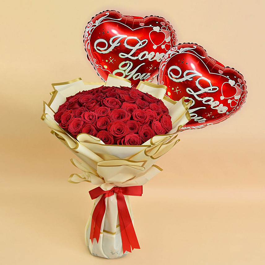50 Valentine Roses Bouquet And Balloons: Teddy Day Flowers 