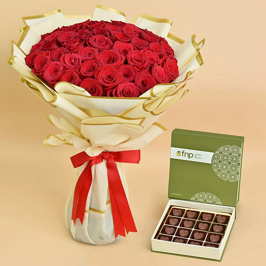 50 Valentine Roses Bouquet And Chocolates: Valentine Gifts Dubai