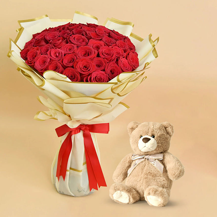50 Valentine Roses Bouquet And Teddy: Valentine Gifts to Umm Al Quwain