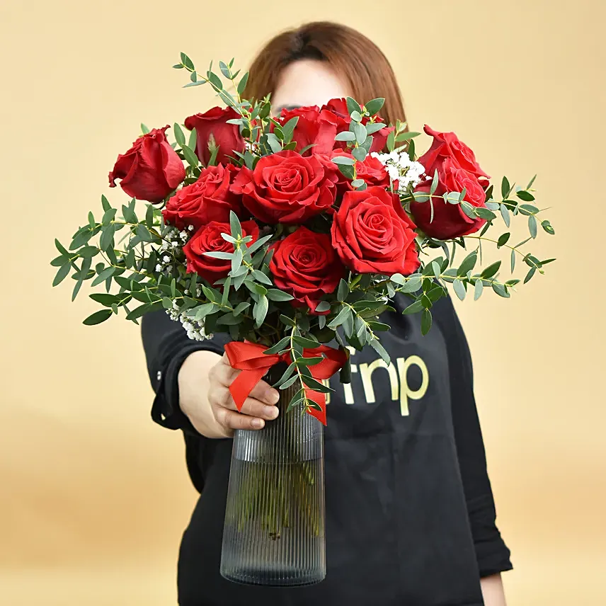 12 Red Roses in Premium Vase: Roses Bouquet  - 1 Hour & Same Day Delivery