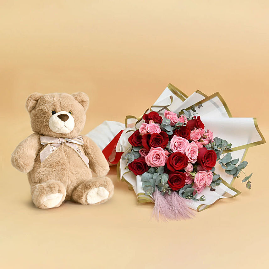 Red and Pink Roses Beauty Bouquet and Teddy: Flowers & Teddy Bears for Teddy Day