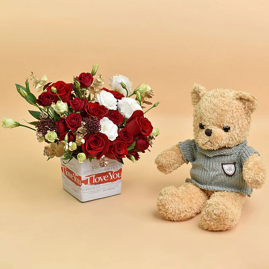 I Love You Flower in a Vase and Teddy: Valentine Gifts Dubai