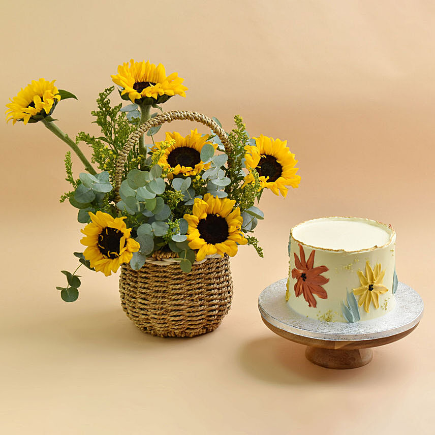 Sunflower Shine Basket And Cake: Birthday Flowers & Cakes