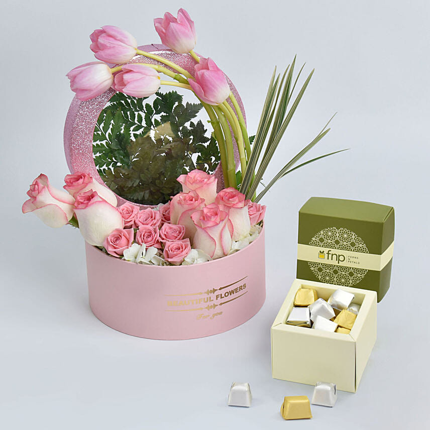 Tulips and Roses Box And Chocolate: Flowers & Chocolates for Mothers Day