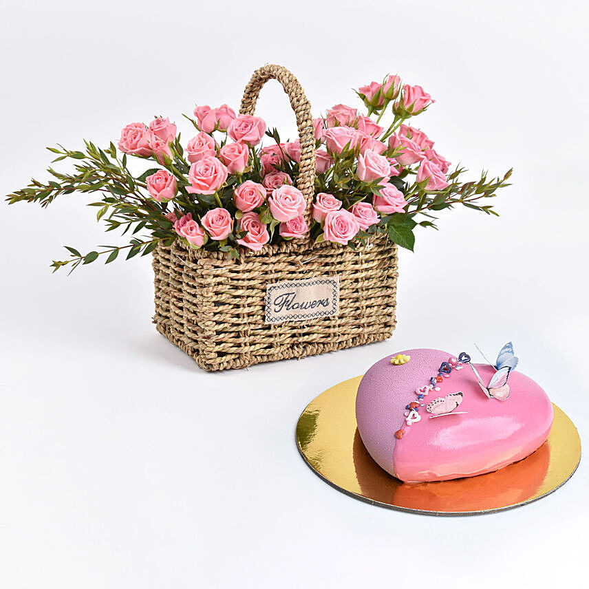 Pink Spray Roses in Small Basket And Cake: Mothers Day Cake