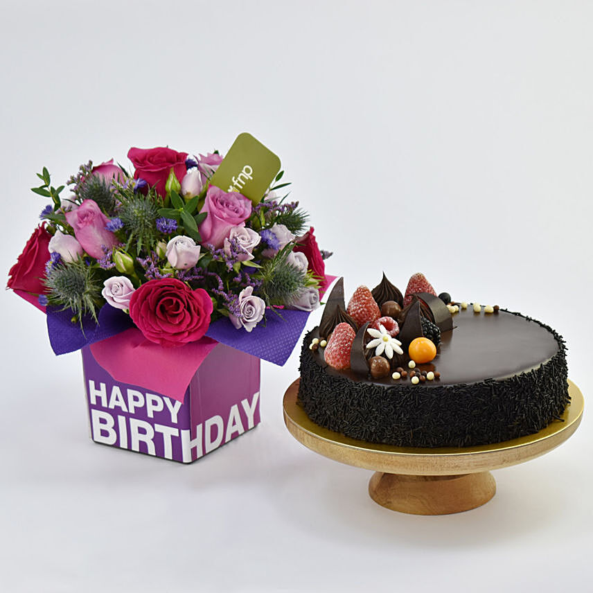 1 Kg Chocolate Cake With Birthday Flower Arrangement: Best Seller Gifts