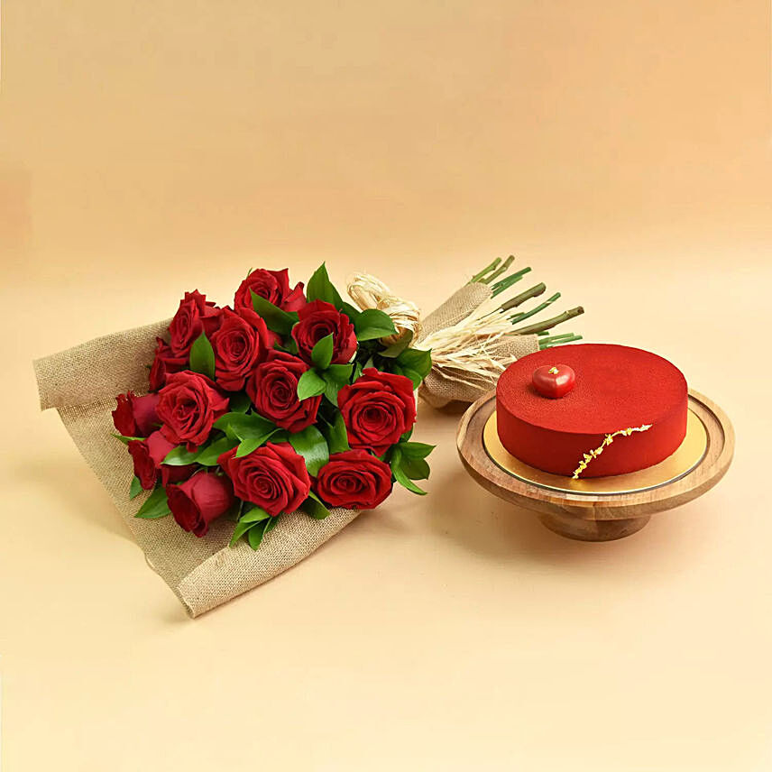 12 Red Roses Bouquet and Cake: 
