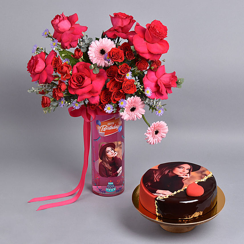 Personalised Vase Birthday Flowers With Cake: Cake and Flower Delivery in Dubai