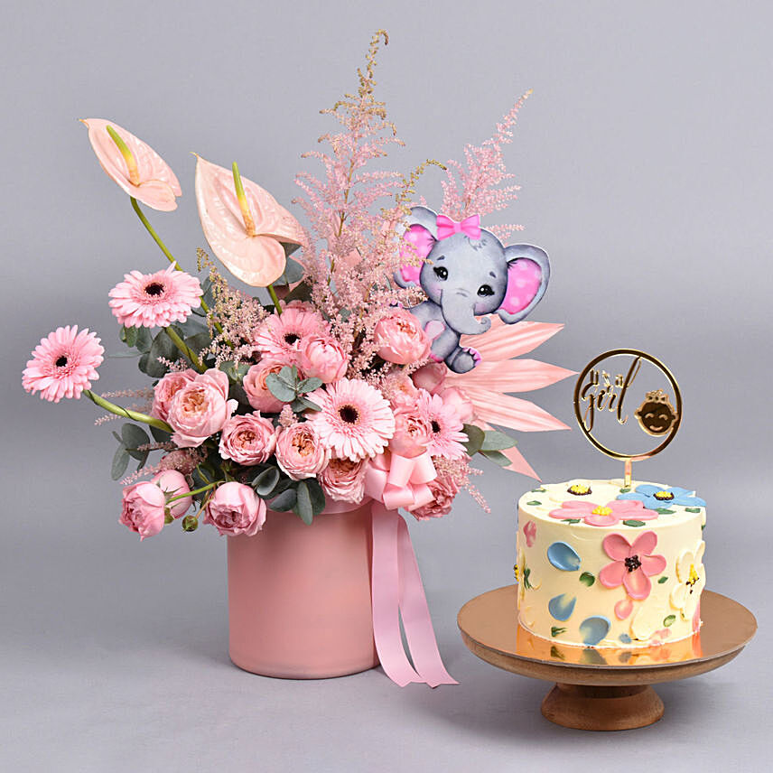 New Born Girl Flowers And Cake: Gifts Combos 