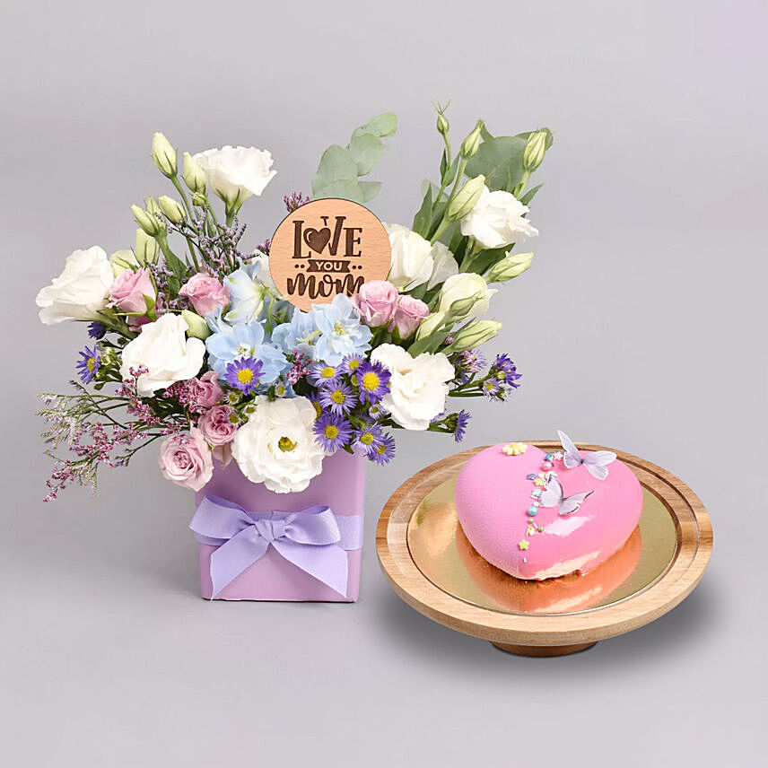 Love You Mama Purple Flower Vase Arrangement With Cake: Mothers Day Flowers