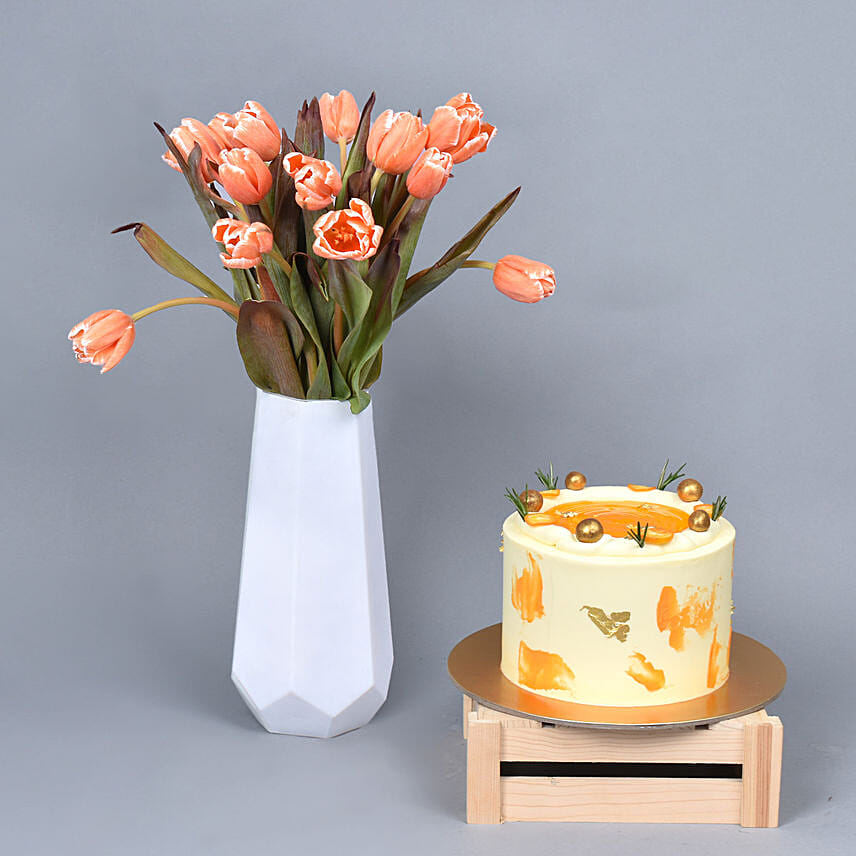 Premium Salmon Parrot Tulip With Scrumptious Cake: Tulip Flowers