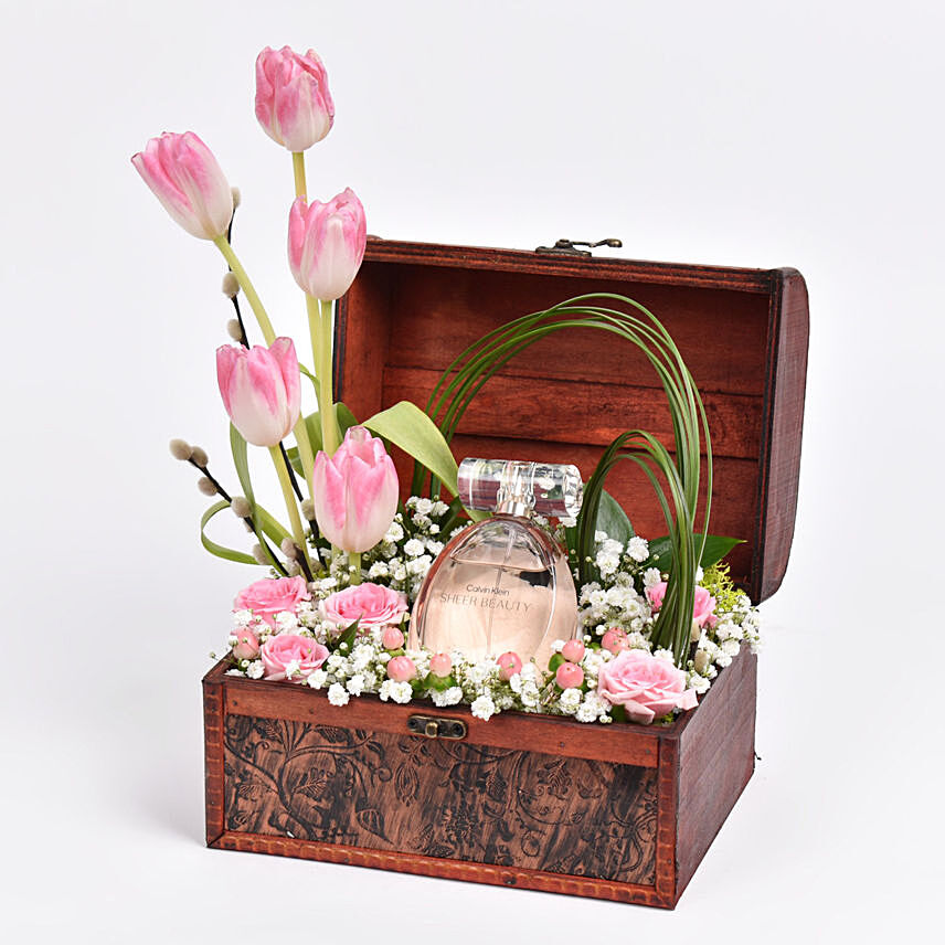 Tulip treaure chest with perfume for her: Gifts Combos 
