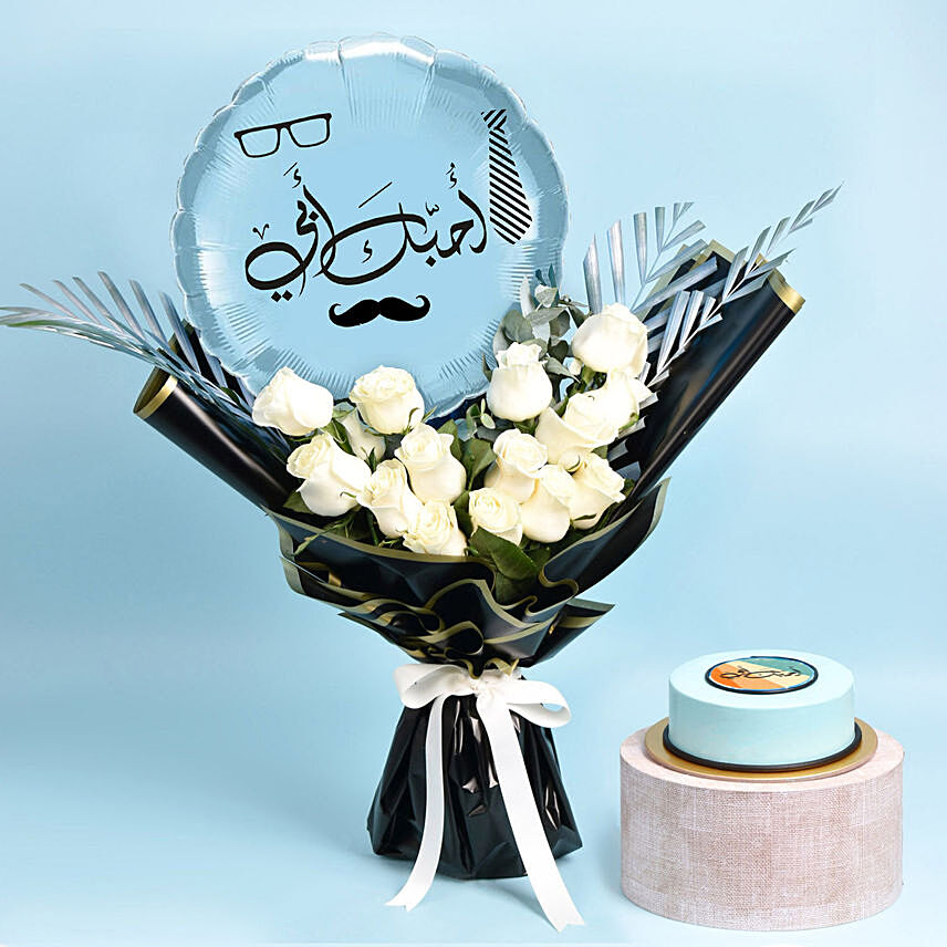 Love you Abba Flowers With Balloon And Cake: Fathers Day Flowers & Cakes