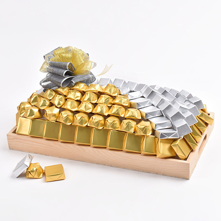 Exquisite Chocolate Arrangement in Wooden Tray: Premium Gifts
