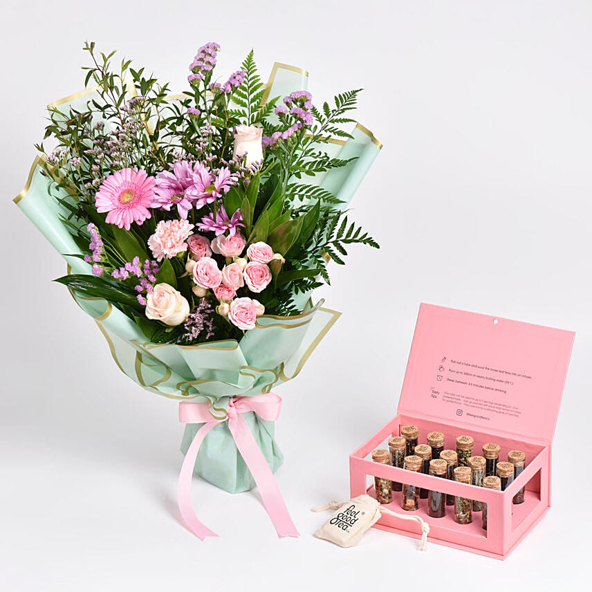 Pastel Pink Bouquet and Premium Tea Box: Feel Good Tea