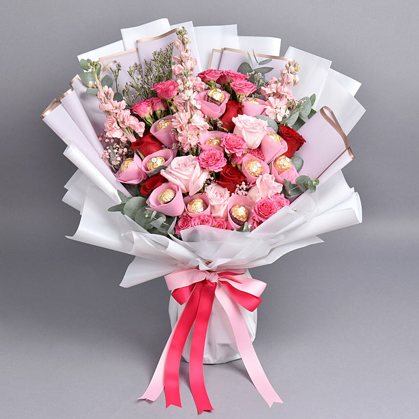 Pink Petals and Chocolates Bouquet: Flowers and Chocolate Delivery