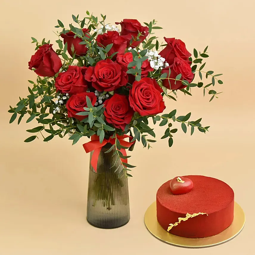 12 Red Roses in Premium Vase And Cake: Rose Day Gifts