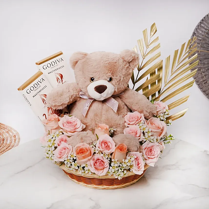 Exquisite Surprise Arrangement with Godiva Chocolates: Flowers and Teddy Bears