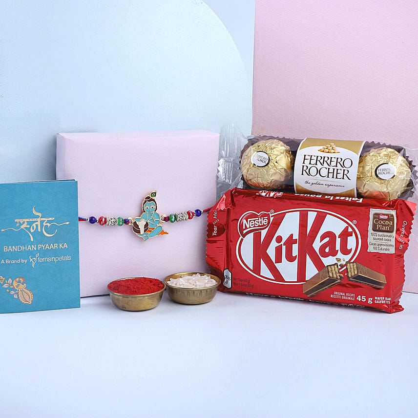 Sneh Bal Kanha Rakhi With Kitkat & Ferrero Rochers: Rakhi With Chocolates