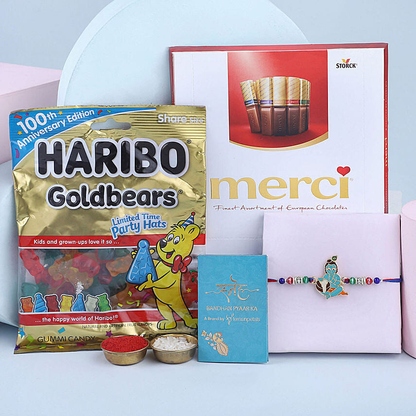 Sneh Bal Kanha Rakhi With Merci & Bear Gummies: Rakhi 