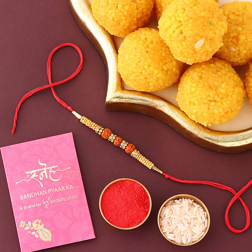 Sneh Feng Shui Rudraksha Rakhi & Motichoor Laddoo: Rakhi with Sweets