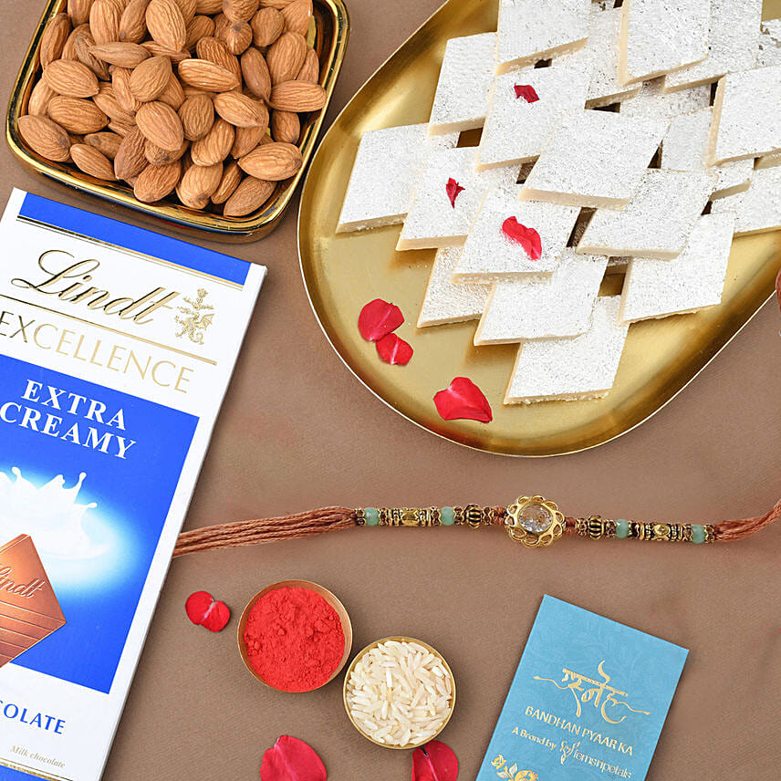 Sneh Lustrous Stone Rakhi & Celebratory Delights: Rakhi with Sweets 