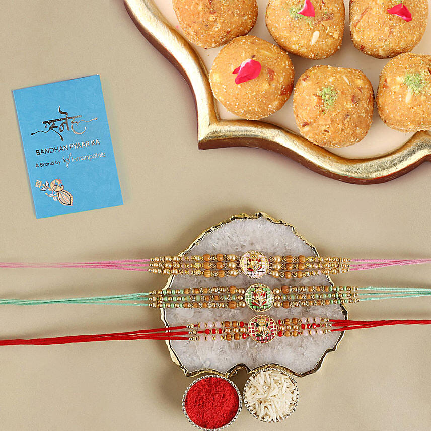 Sneh Vibrant Meenakari Rakhi Set & Besan Laddoos: 