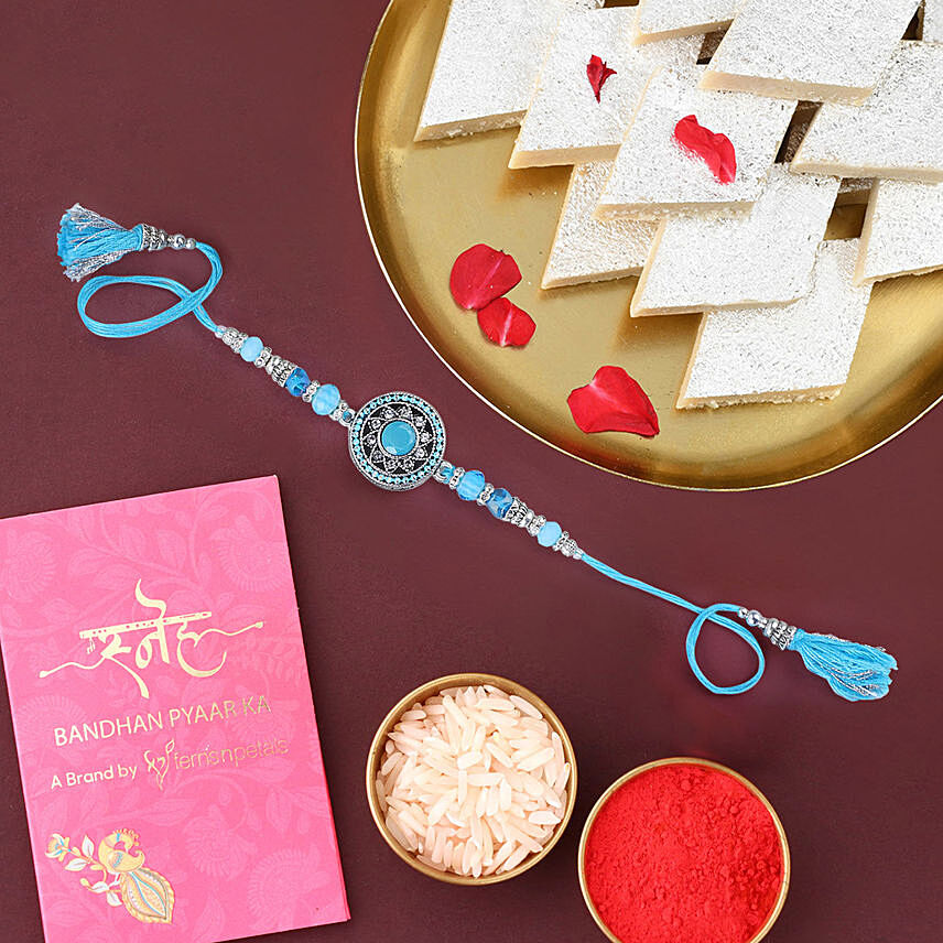 Sneh American Diamond Elegant Rakhi & Kaju Katli: Rakhi with Sweets 