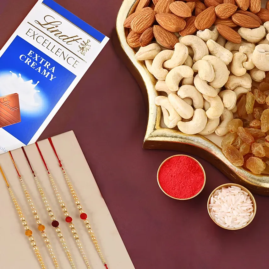 Sneh Radiant Pearls Rakhi Set & Tasty Treats: Set of 5 Rakhi