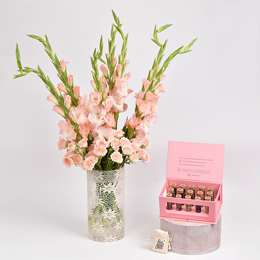 Galdiolus Flowers Arrangement and Premium Tea: Gifts for Leos