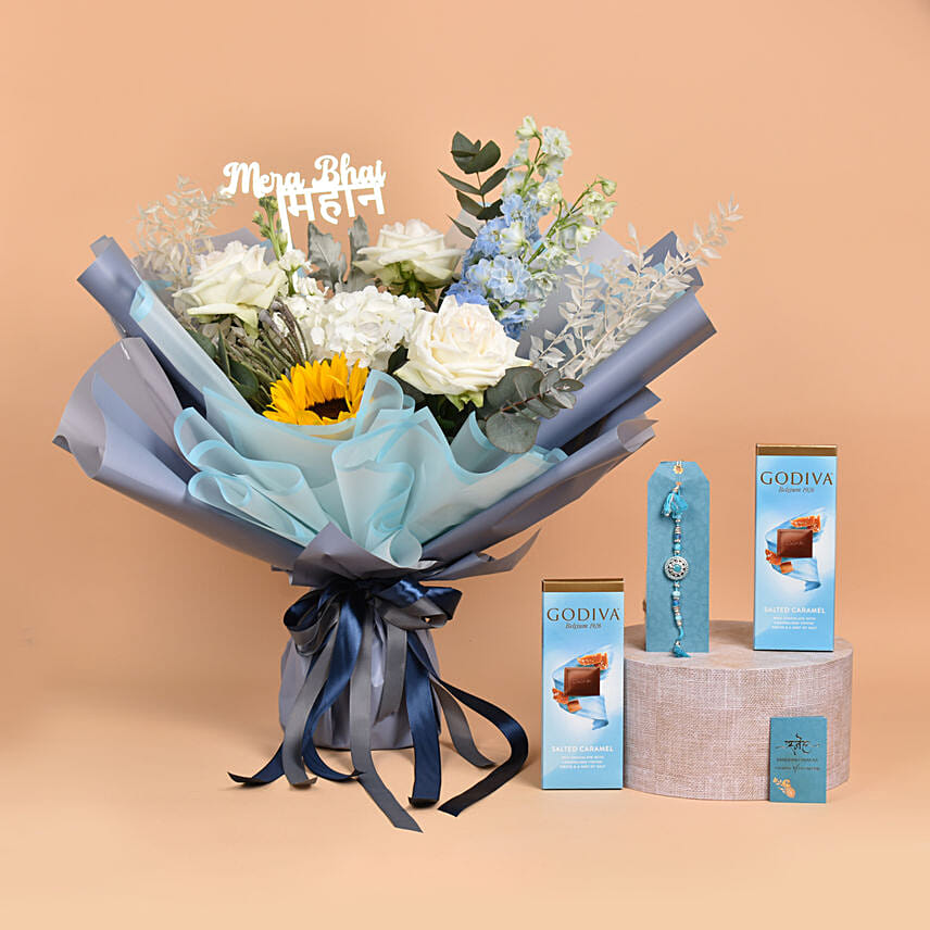Mera Bhai Mahaan Flowers Bouquet With Chocolate and Rakhi: Rakhi With Flowers