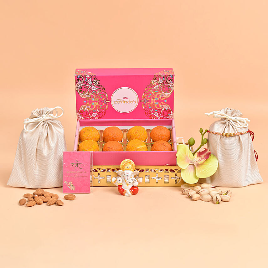 Rakhi Ladoo and Ganesha Blessings Combo: Raksha Bandhan Sweets