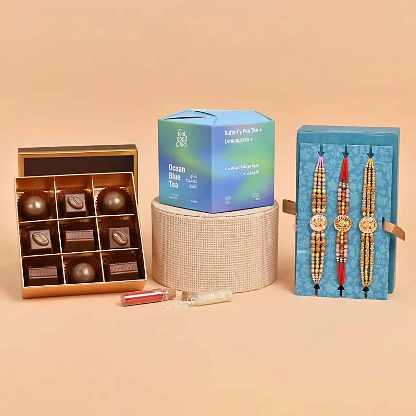 Rakhi Combo with Premium Tea & Chocolate: Rakhi With Chocolates