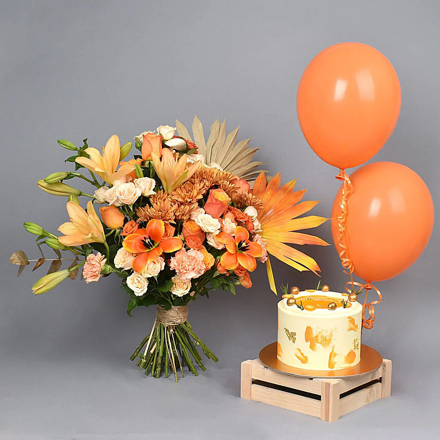Happy Vibes Orange Combo: Cake and Flower Delivery in Dubai